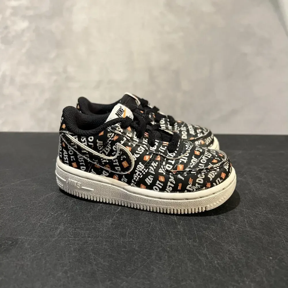 Nike Air Force 1 Shoes Kids Size 7C Black White Just Do It JDI All Over Logo AF1